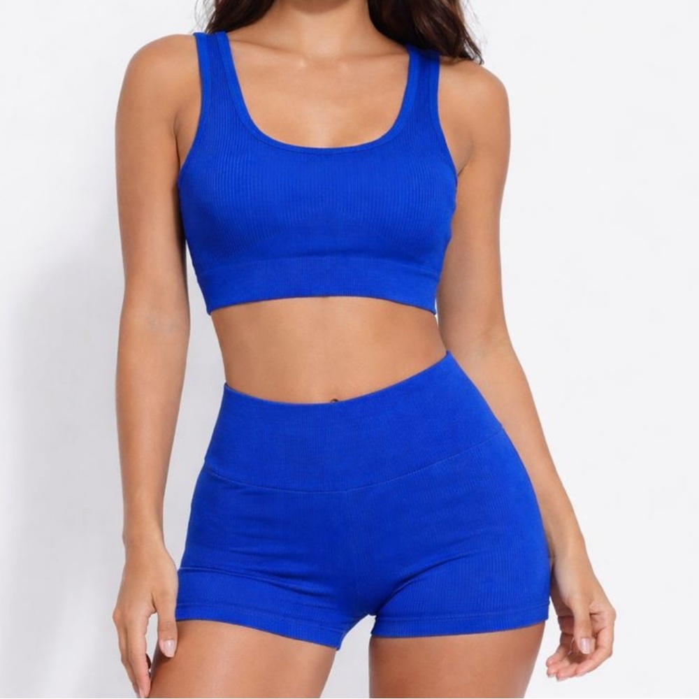 Blue Ribbed Sports Bra and Shorts Set